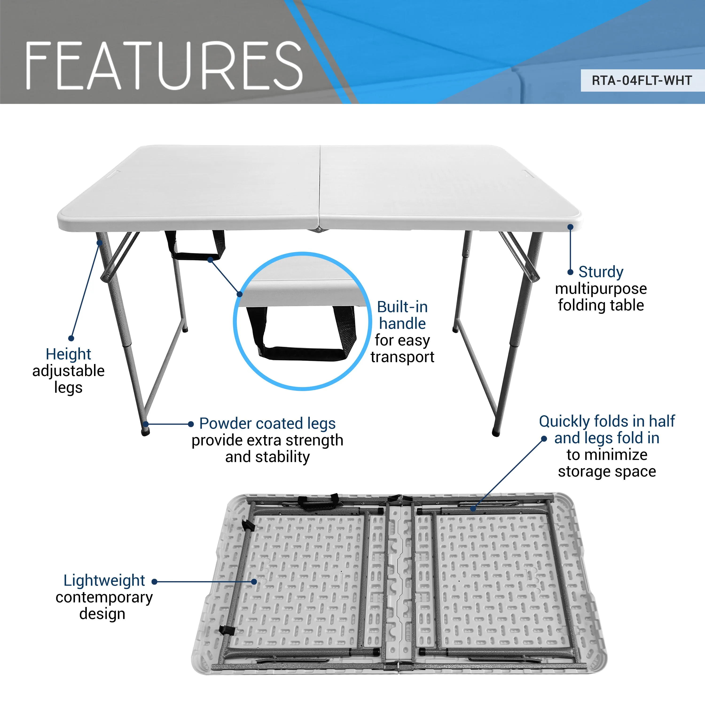 4 FT Granite White Adjustable Height Folding Table with Easy-Carry Handle