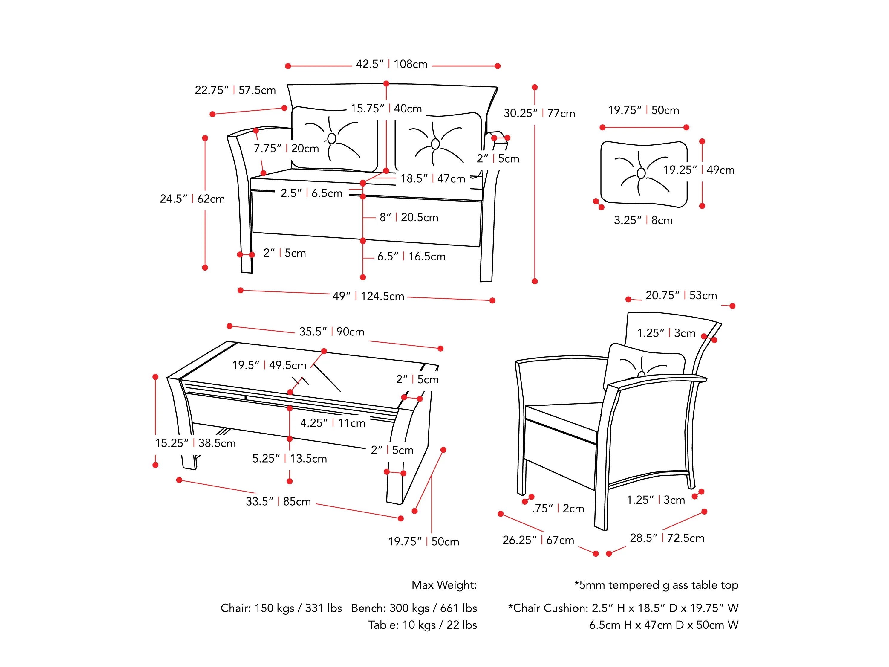 Black and Red Wicker 4pc Patio Set