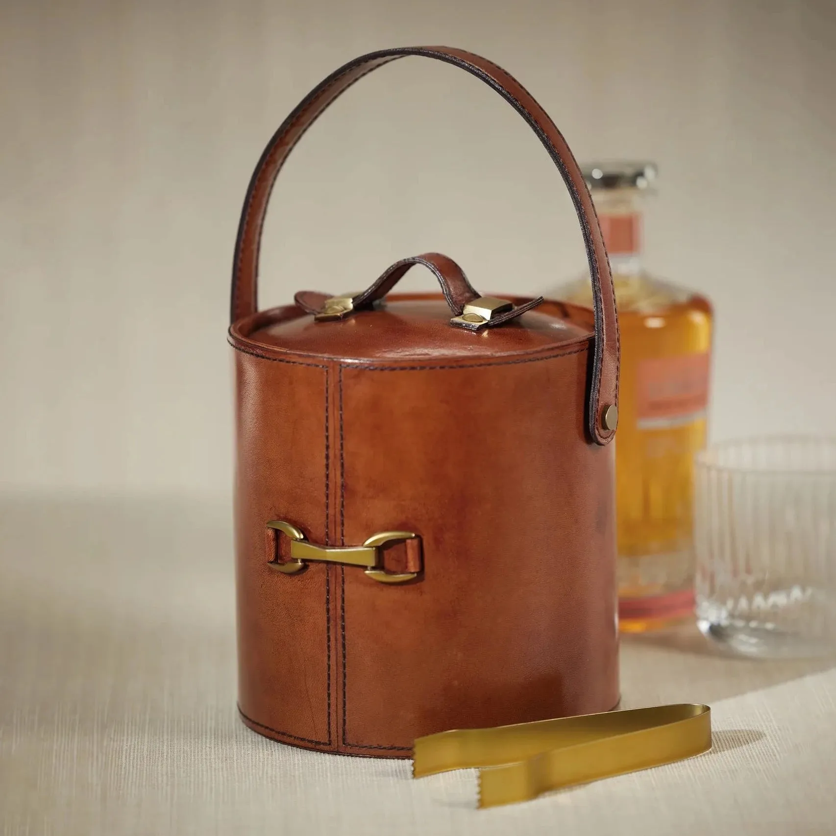 Leather Ice Bucket with Gold Metal Ice Tongs