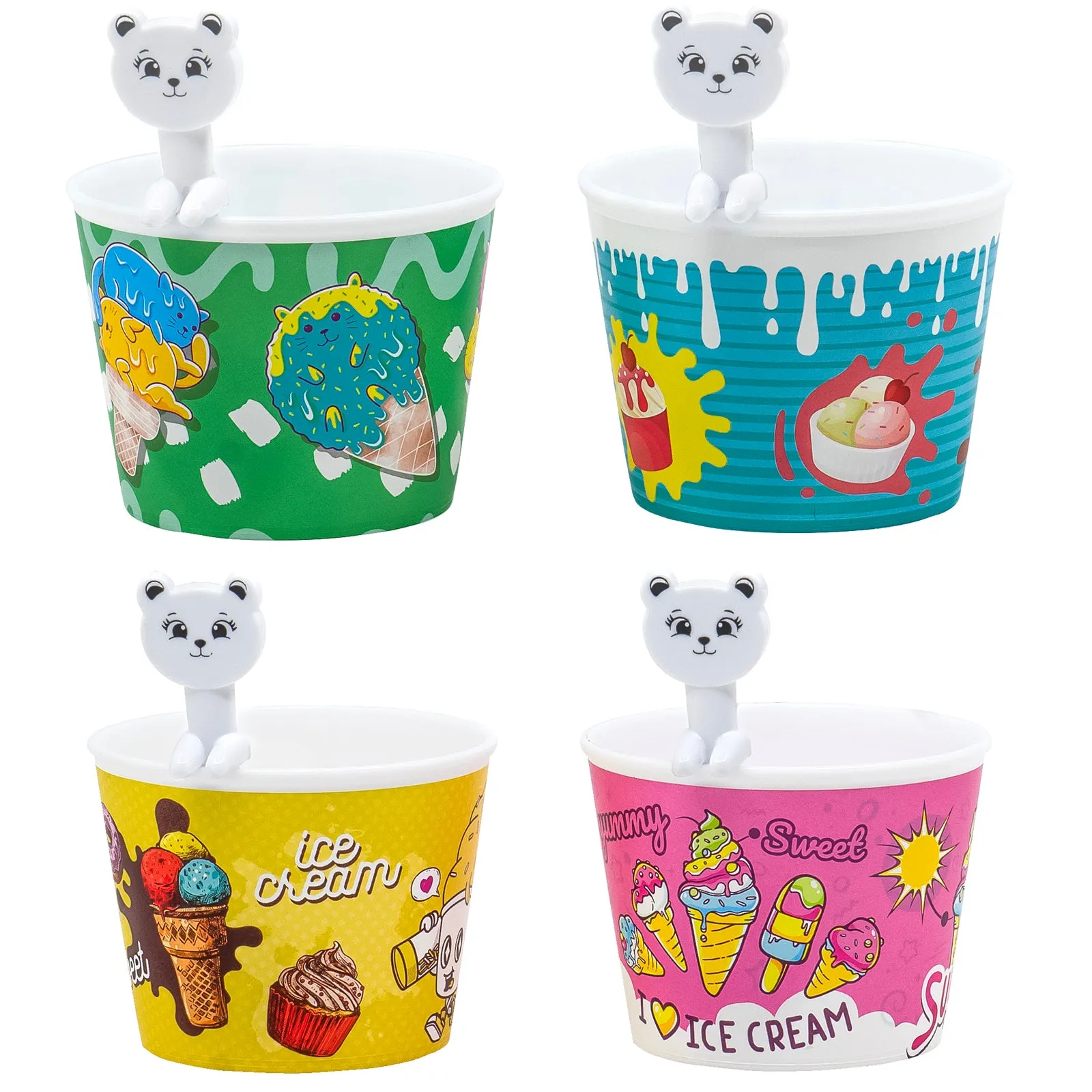 Red Co. Set of 4 Reusable 10 Oz Stackable Ice Cream Bowl Cups with Spoons, Assorted Colors and Patterns