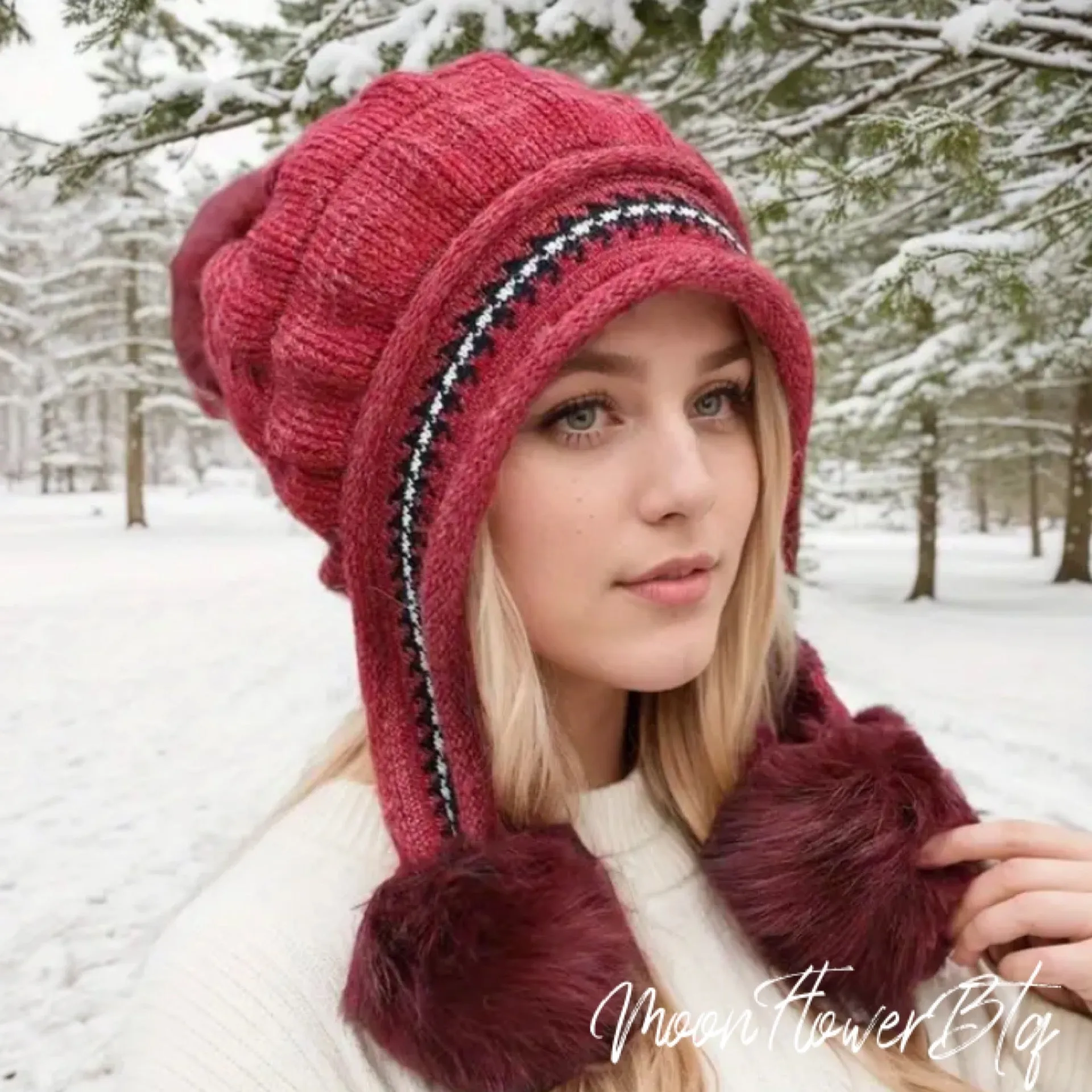 Red Winter Knit Pom Pom Beanie Hat