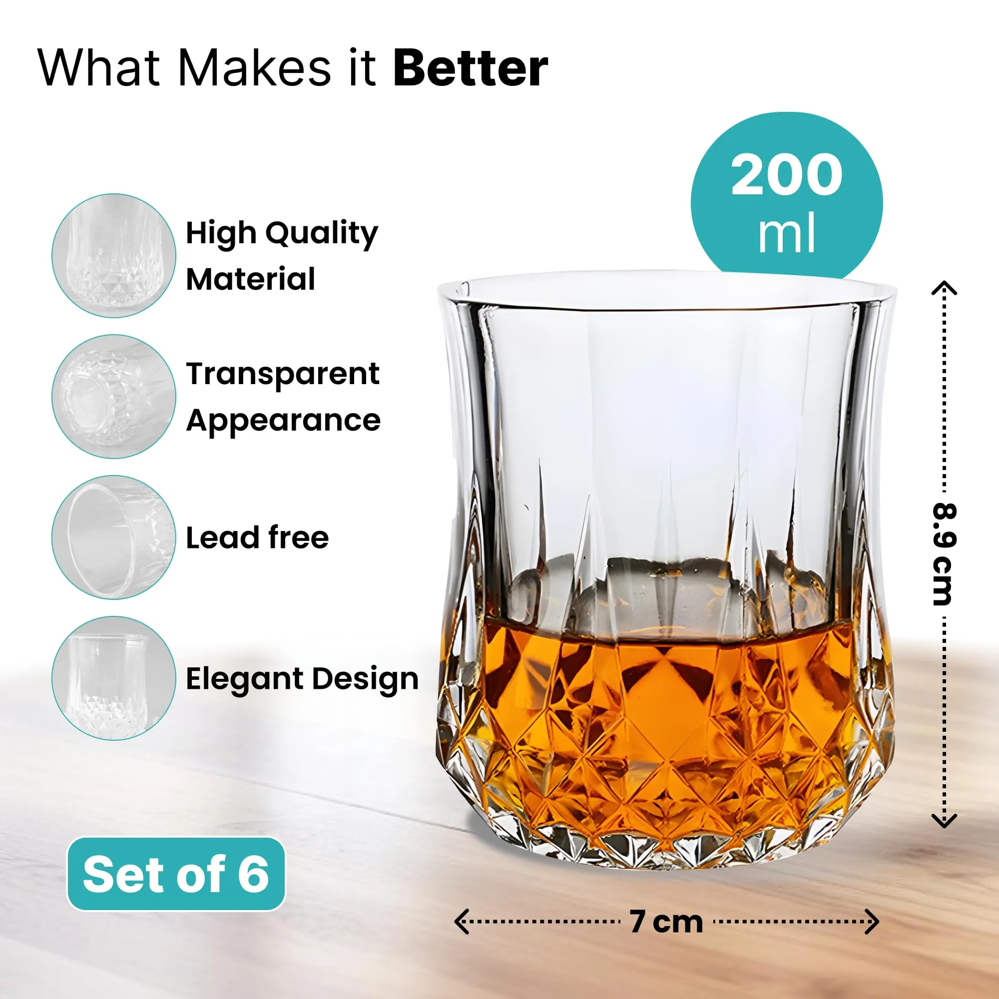 The Better Home Whiskey Glasses Set of 6 (200ml Each) | Lead Free Neat Whiskey Glass | Heavy Bottom Drinking Glass | Crystal Glass for Bar Home | Glass for Drinks | Cocktail Glasses | Highball Glass