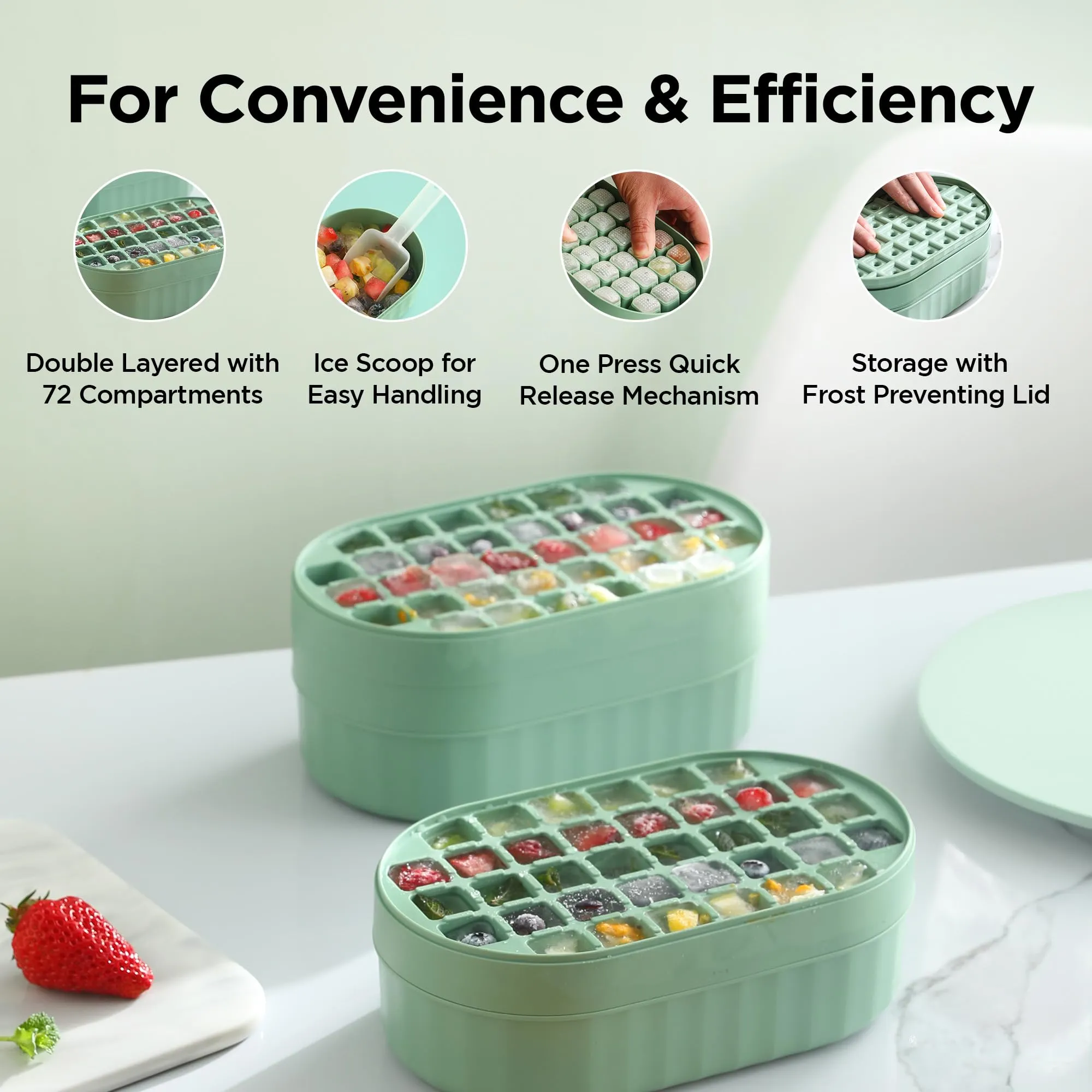 UMAI 2 Layer Ice Cube Trays with Storage Box & Ice Scoop | 72 Compartments | One Press Demolding | Ice Cubes for Whiskey Cocktails Mocktails Soft Drinks | BPA Free (Green)