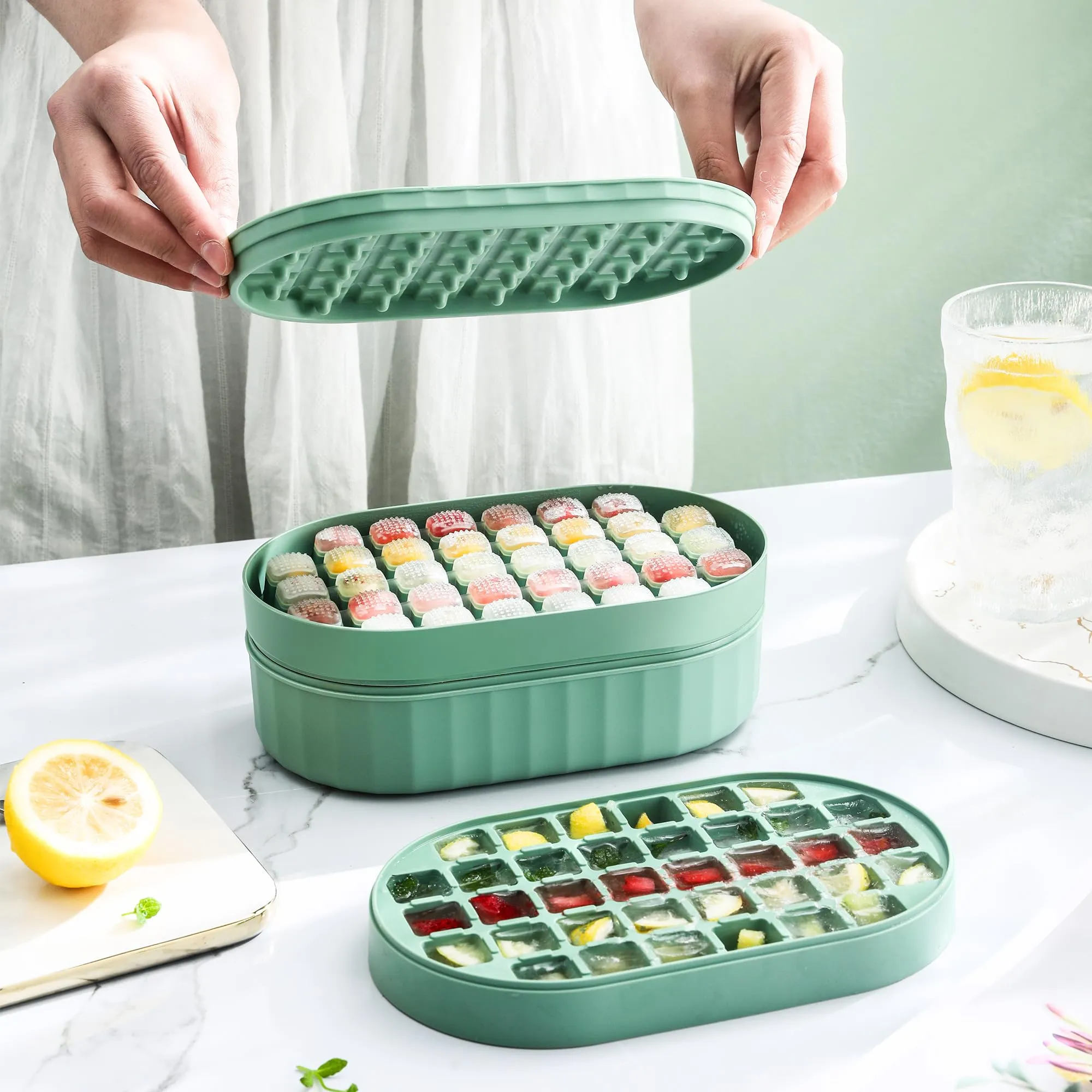 UMAI 2 Layer Ice Cube Trays with Storage Box & Ice Scoop | 72 Compartments | One Press Demolding | Ice Cubes for Whiskey Cocktails Mocktails Soft Drinks | BPA Free (Green)