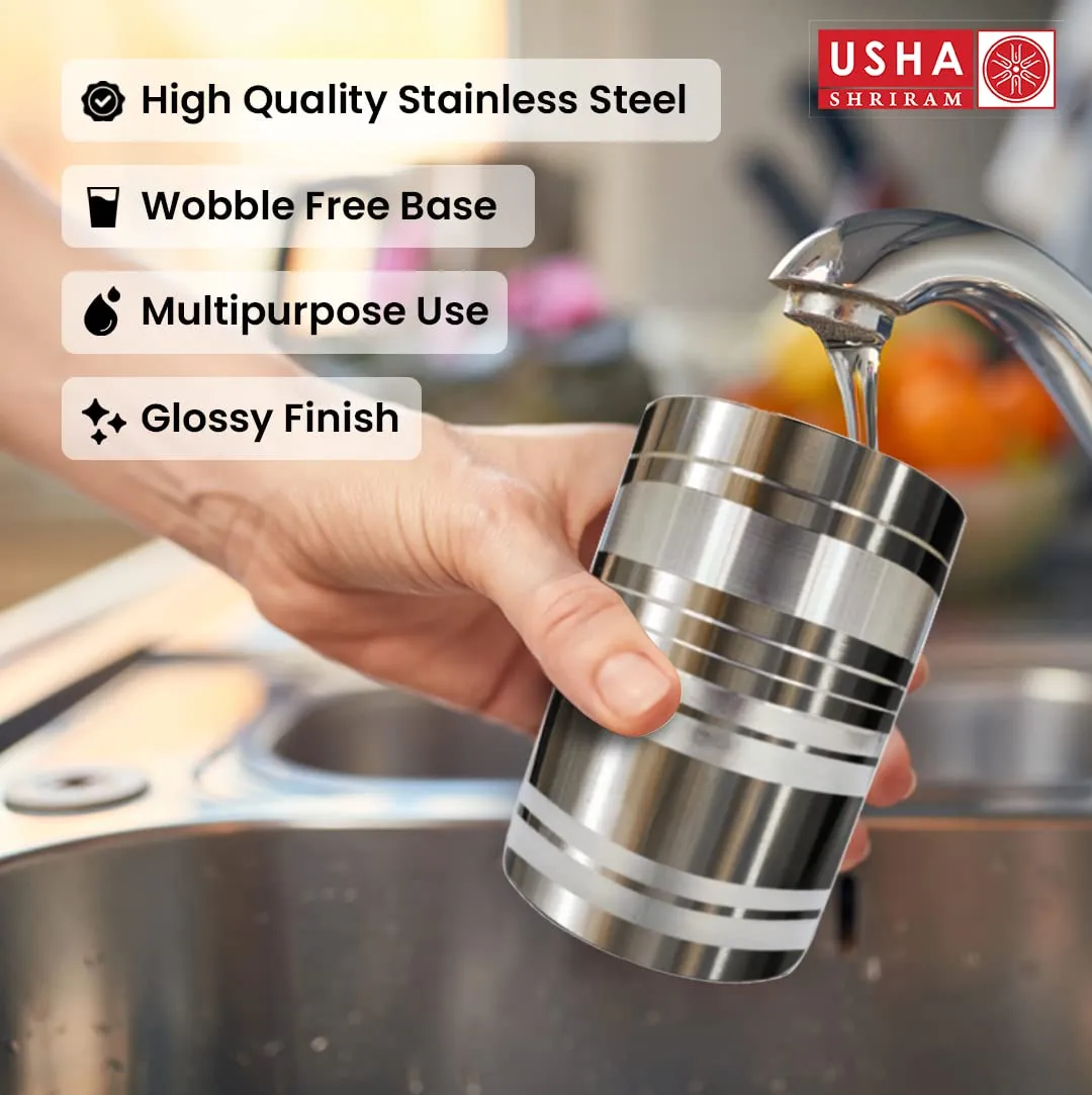 USHA SHRIRAM | 6Pc Stainless Steel Glass Set | 300ml Each | Stainless Steel Gilas, Wobble Free Base, Durable | Multipurpose, Elegant Design & Mirror Finish (Hourglass - Set of 6)