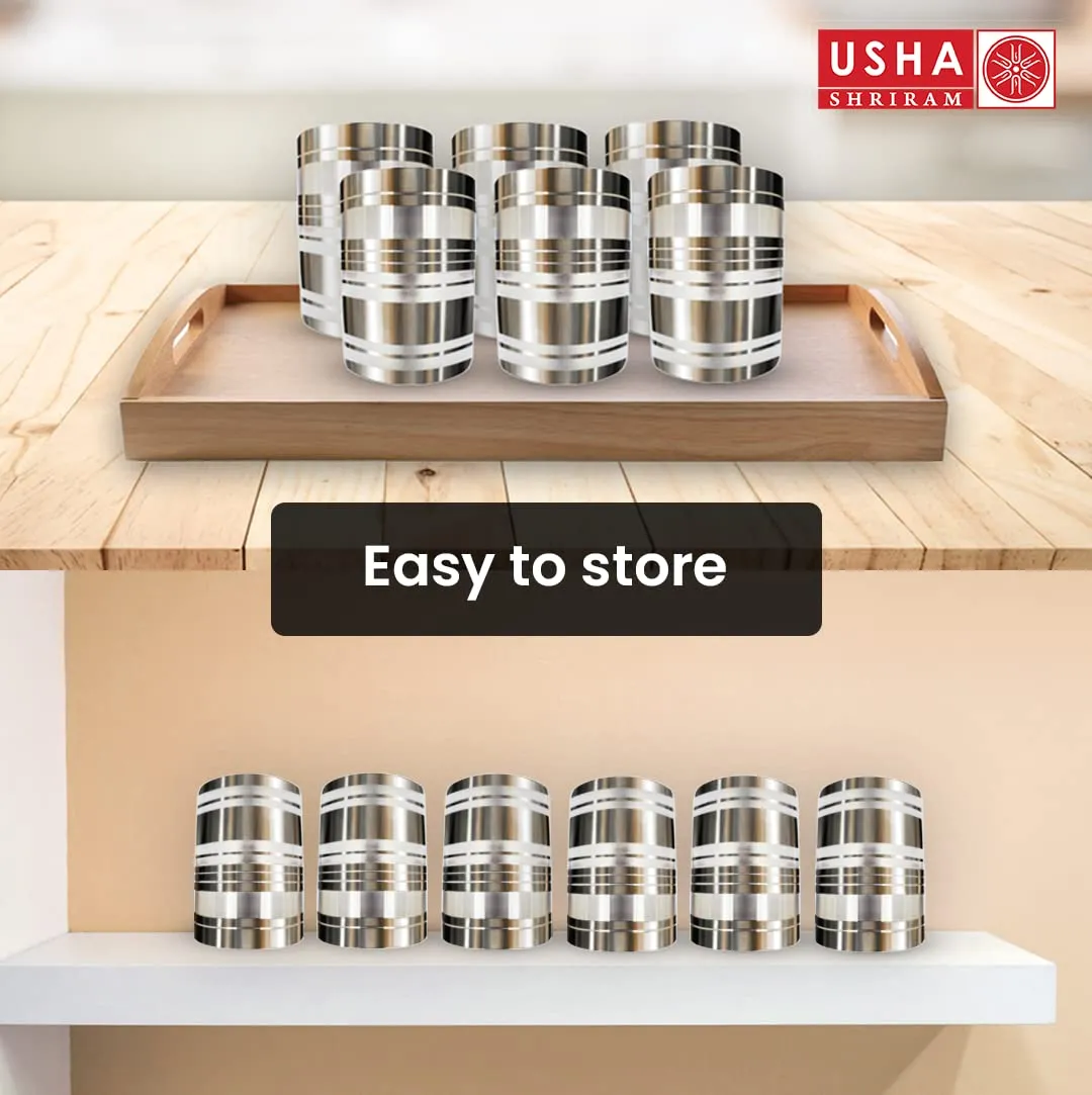 USHA SHRIRAM | 6Pc Stainless Steel Glass Set | 300ml Each | Stainless Steel Gilas, Wobble Free Base, Durable | Multipurpose, Elegant Design & Mirror Finish (Hourglass - Set of 6)