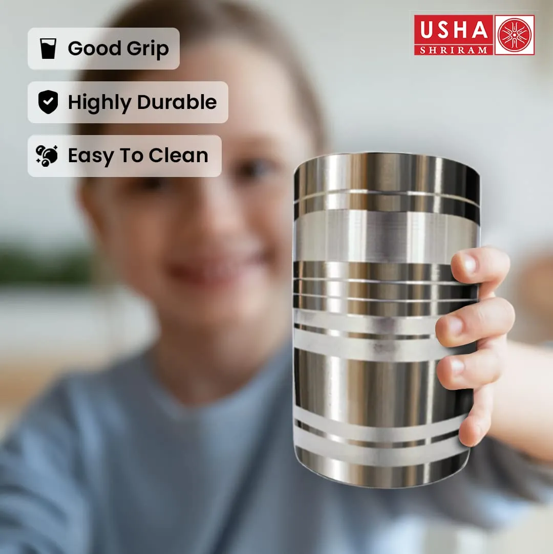 USHA SHRIRAM | 6Pc Stainless Steel Glass Set | 300ml Each | Stainless Steel Gilas, Wobble Free Base, Durable | Multipurpose, Elegant Design & Mirror Finish (Hourglass - Set of 6)